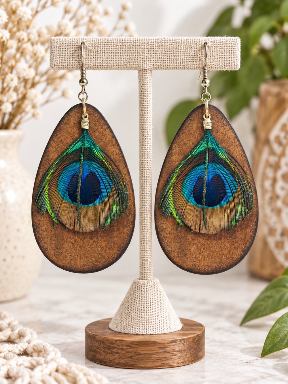Peacock Feather Wood Teardrop Dangle Earrings Boho Statement